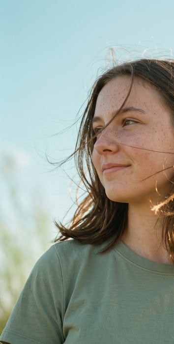 Una adolescente al aire libre con el pelo al viento