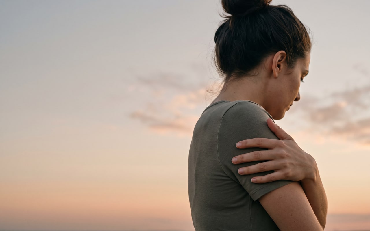 Una mujer al atardecer con una mano en el hombro contrario